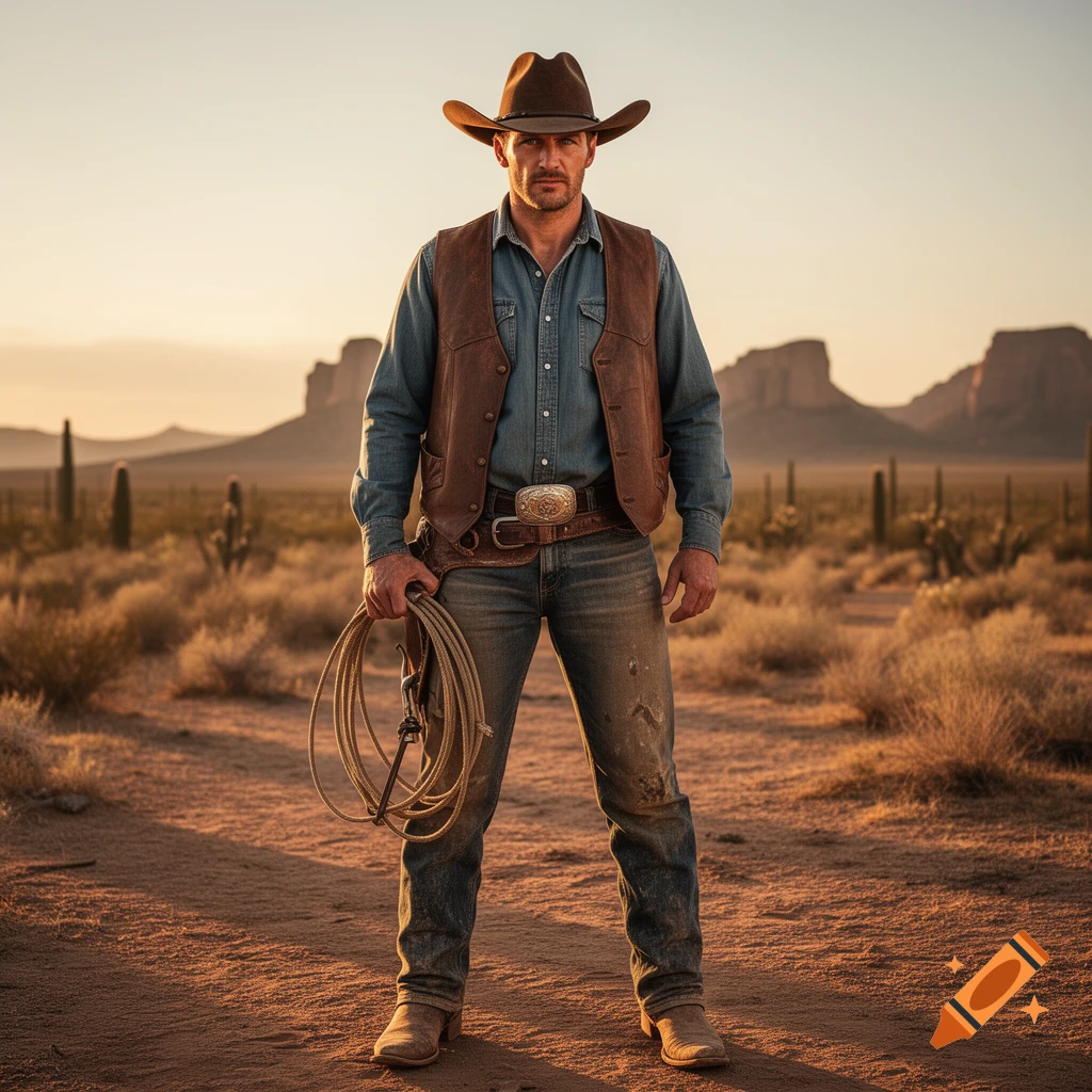 A rugged cowboy in a vest and hat, holding a lasso, stands in a desert with mesas and cacti at sunset.