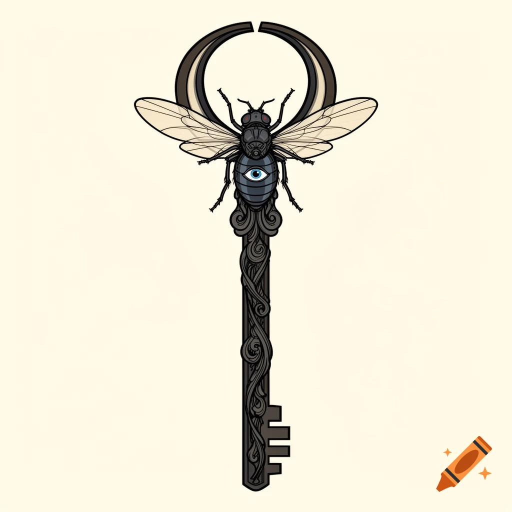 A dark, ornate key featuring a fly's body as the shaft, its wings as the bow, and an open eye on the fly's back, on a light background.