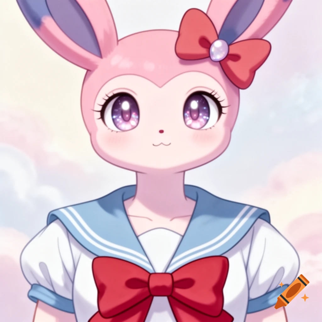 An anime-style pink bunny-like character with large purple eyes, wearing a white and blue sailor uniform with red bows.