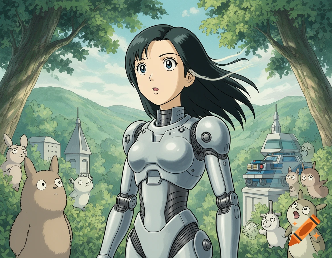 An anime woman in a gray robot suit stands in a forest with cartoon creatures and buildings in a Ghibli-inspired style.