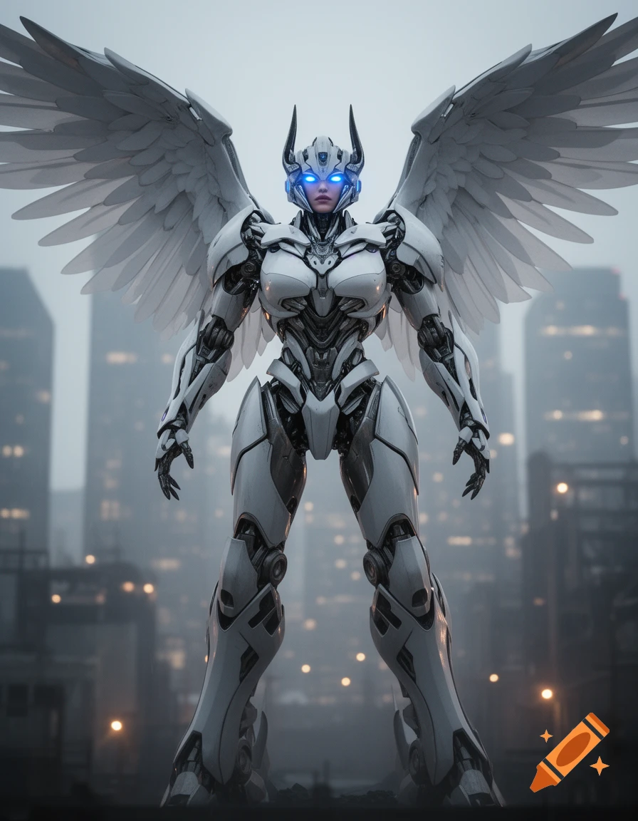 A detailed white and grey female transformer bot with large wings, glowing blue eyes, and horns stands in a city.