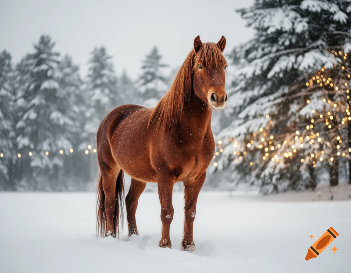 A brown horse stands in fresh snow in a wintry forest with snow-covered pine trees and warm Christmas lights.