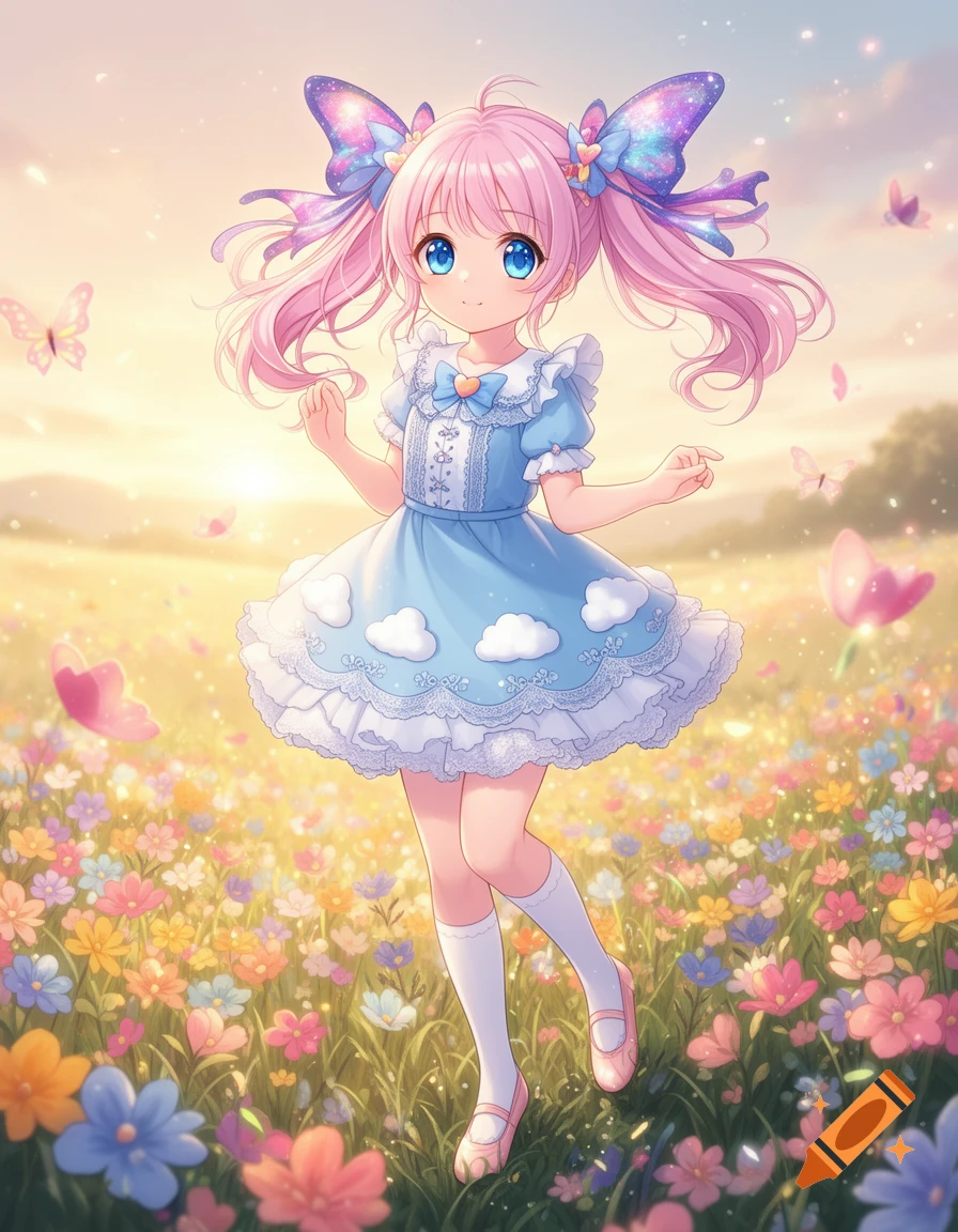 Cute anime girl with pink hair and butterfly wings, wearing a blue dress, standing in a magical flower field at sunset.