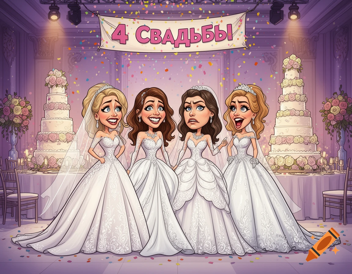 Cartoon of four brides in wedding dresses in a celebratory hall with cakes and a '4 Weddings' banner.