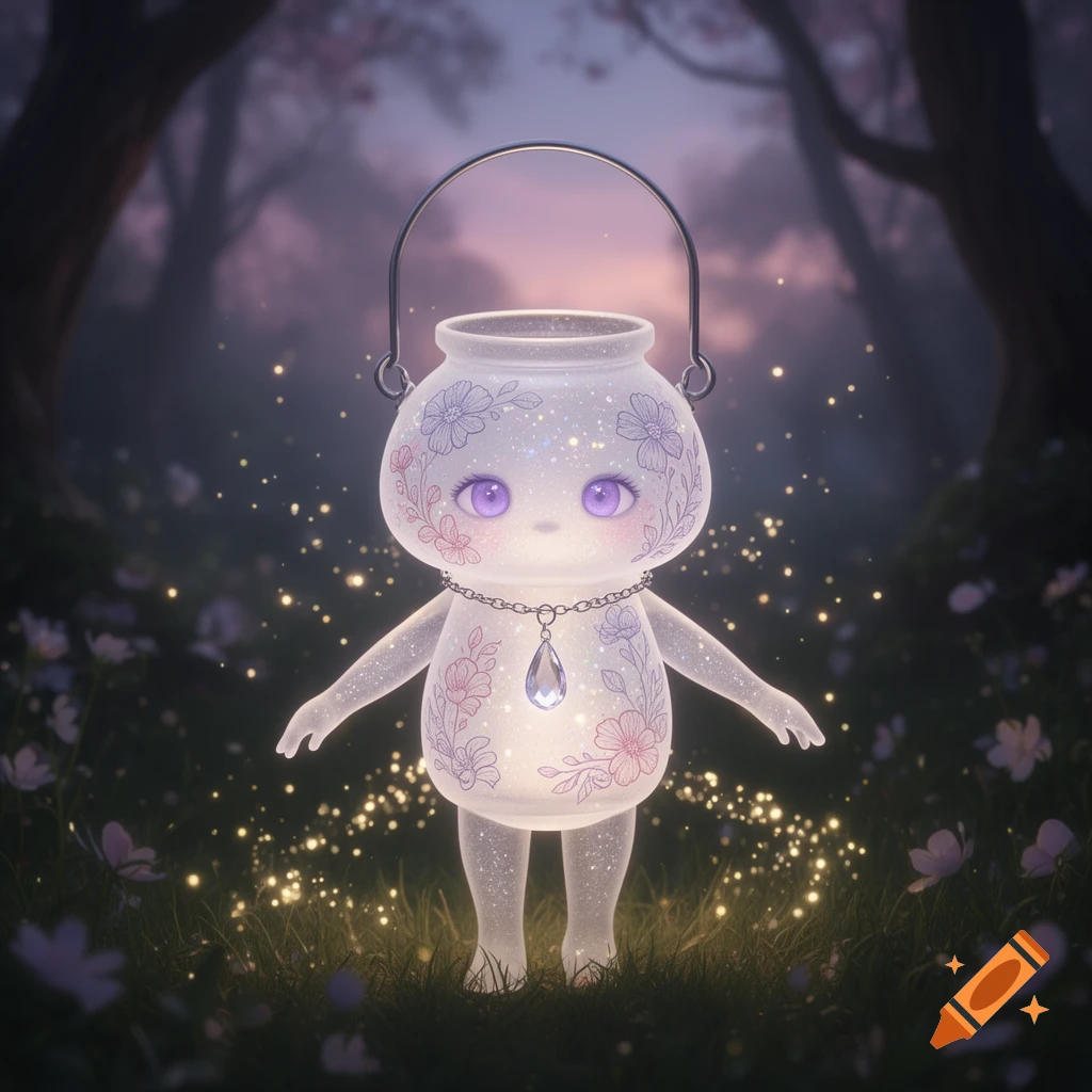 A glowing, frosted glass lantern creature with flower etchings, purple eyes, and a crystal pendant stands in a magical, sparkling forest.