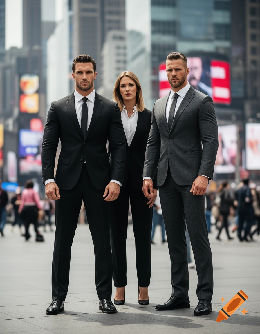 Two muscular men in black and grey suits stand with a woman in a black pantsuit, all looking forward on a city street.