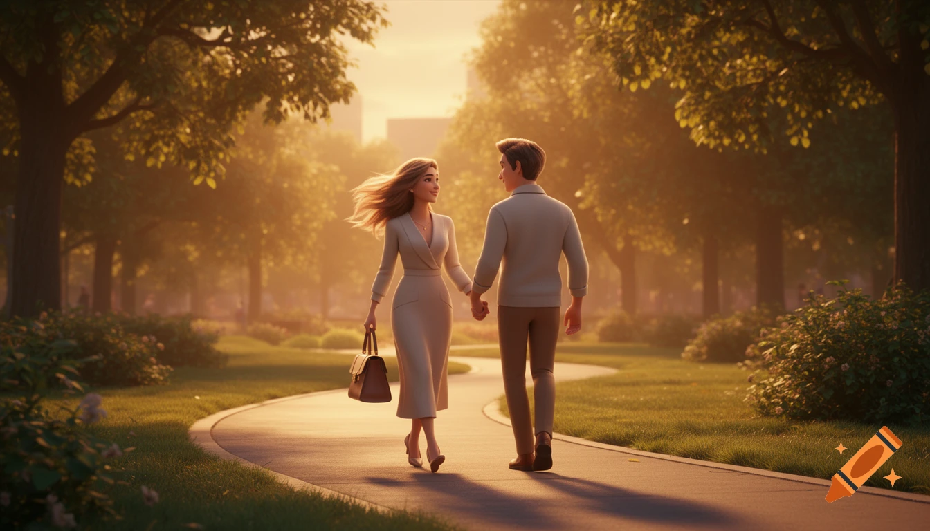 A man and woman walk hand in hand on a winding path through a park at golden hour, in a cinematic 3D animation style.