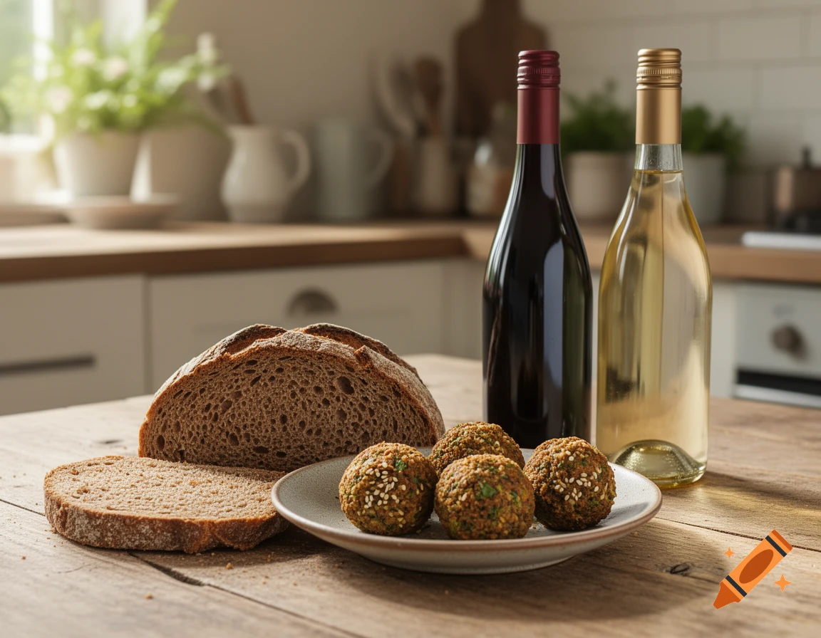 Rye bread, falafel balls, and two wine bottles on a wooden kitchen table, bathed in natural light.
