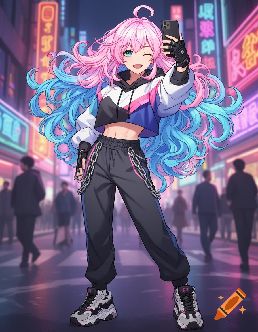 Anime girl with pink and blue hair wearing streetwear takes a selfie on a neon-lit city street at night.