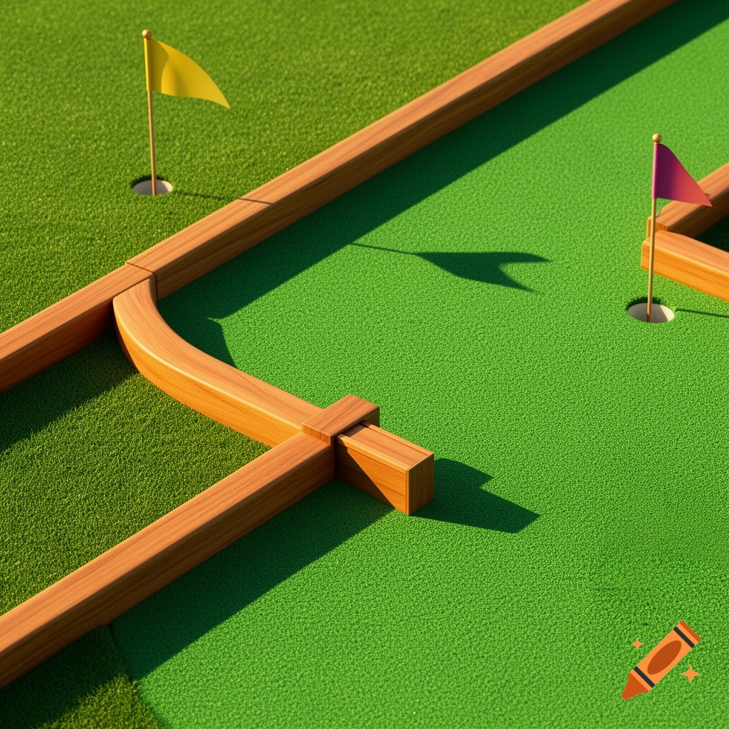 An aerial view of a vibrant green miniature golf course with wooden barriers, a yellow flag on the left, and a magenta flag on the right.