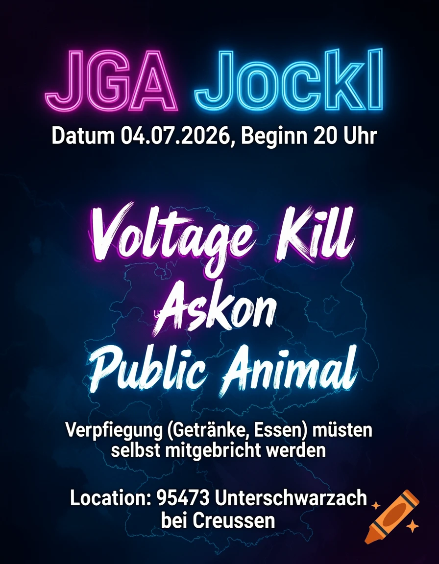 Digital poster for JGA Jockl event with neon pink and blue text, listing date, time, bands Voltage Kill, Askon, Public Animal, and location.