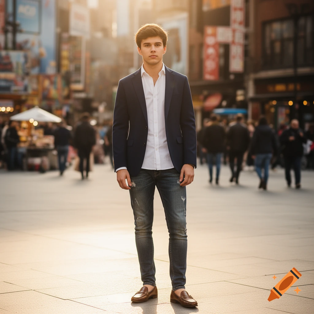 A young man in a suit jacket and jeans stands on a sunny city street, looking forward. Photorealistic.