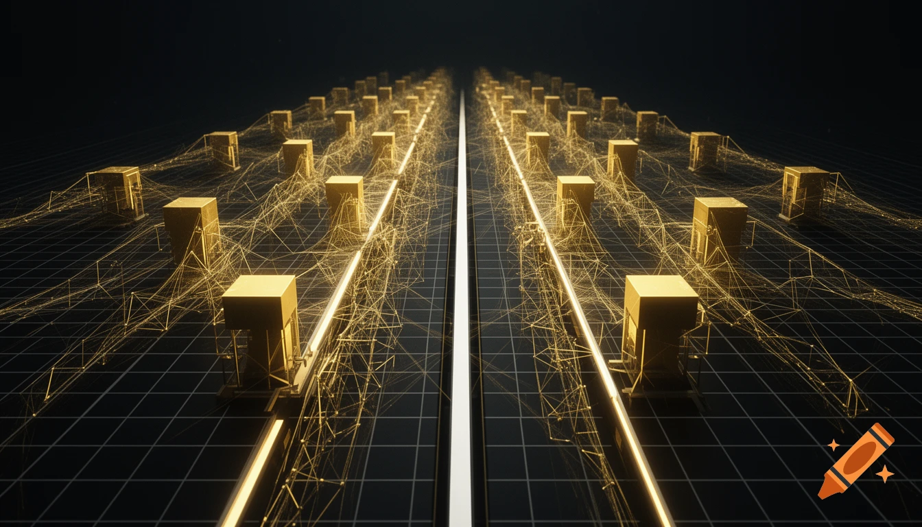 A dark, sleek, infinite linear grid with glowing golden-yellow geometric blocks connected by intricate light and mechanical lattice structures, cut by empty linear pathways, in a hard sci-fi aesthetic.