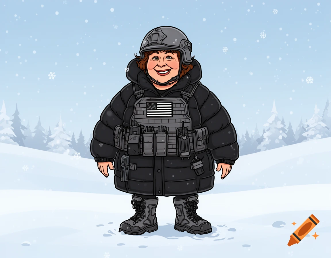 A cartoon woman with brown hair, wearing a grey tactical helmet, a black puffy jacket, and tactical vest with an American flag patch, stands in a snowy winter landscape.