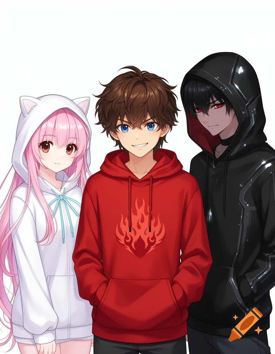 Anime girl with pink hair in a white cat-eared hoodie, a boy with brown hair in a red hoodie, and a boy with black hair in a black hoodie.