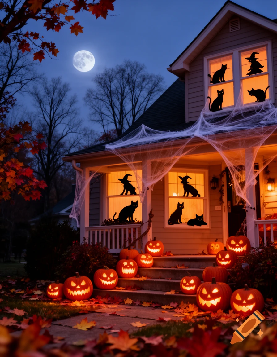 A Halloween-decorated house at night with glowing jack-o'-lanterns, spiderwebs, and black cat/witch silhouettes in windows under a full moon.