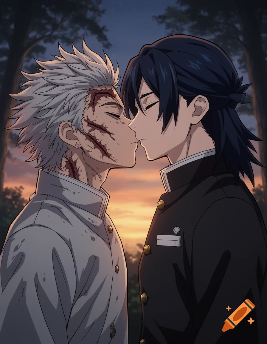 Two anime men, one with white hair and scars, the other with dark hair, share a kiss in a sunset forest.