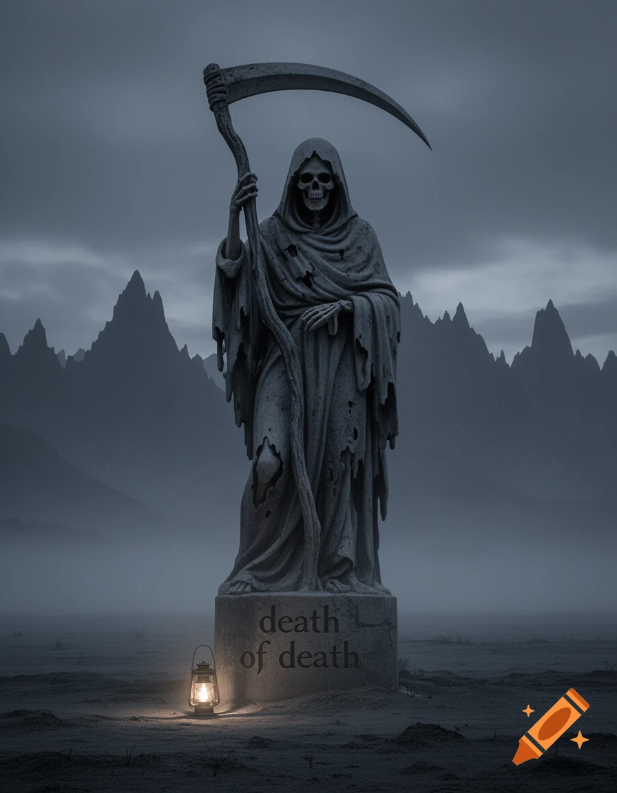 A dark statue of the Grim Reaper holding a scythe stands on a base inscribed with "death of death," illuminated by a glowing lantern in a foggy, monochrome landscape with mountains.