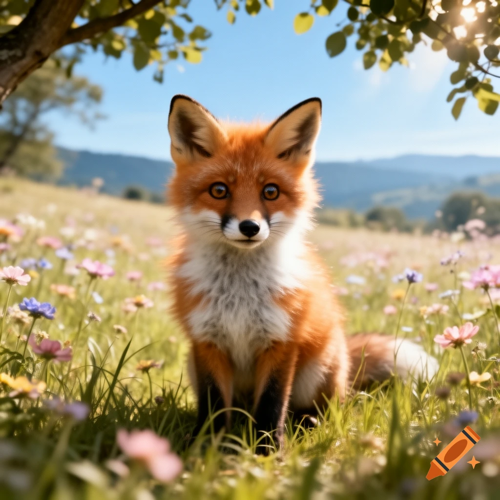 A cute red fox sits in a sunny meadow filled with colorful wildflowers, photorealistic style.