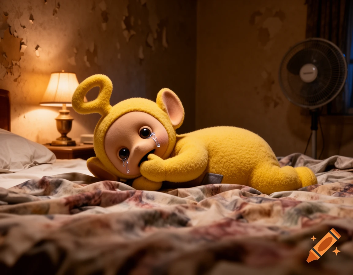 Photorealistic image of Laa-Laa (Teletubbies) crying and sucking her thumb on an untidy motel bed.
