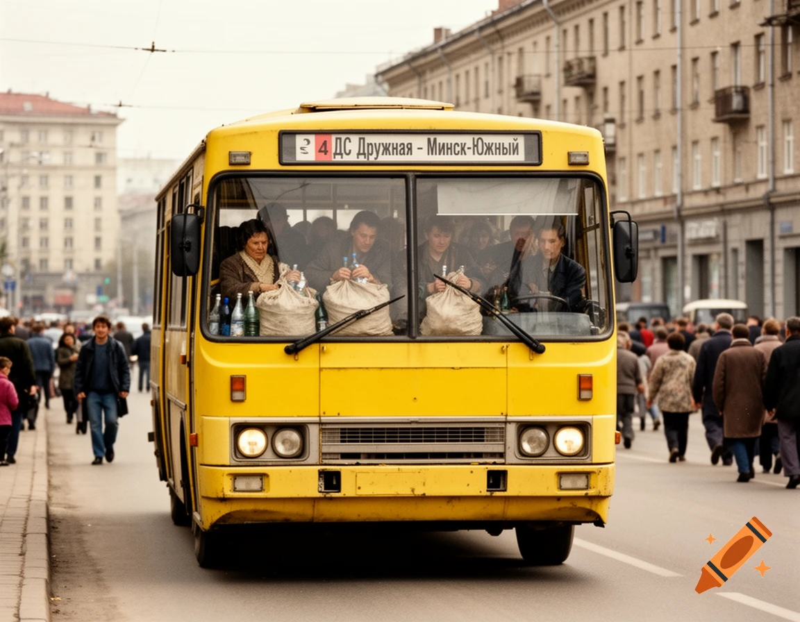 A yellow Ikarus 260 bus with destination sign '4 DS Druzhna - Minsk-Yuzhny' drives down a street in Minsk, 1990s-2000s, with passengers and pedestrians.