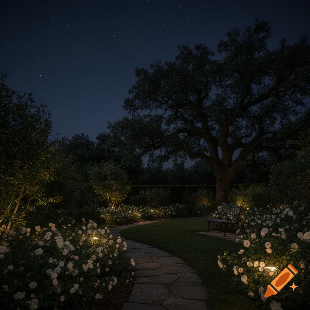 Photorealistic image of a serene garden at night with a stone path, white flowers, trees, and a bench under a starry sky.