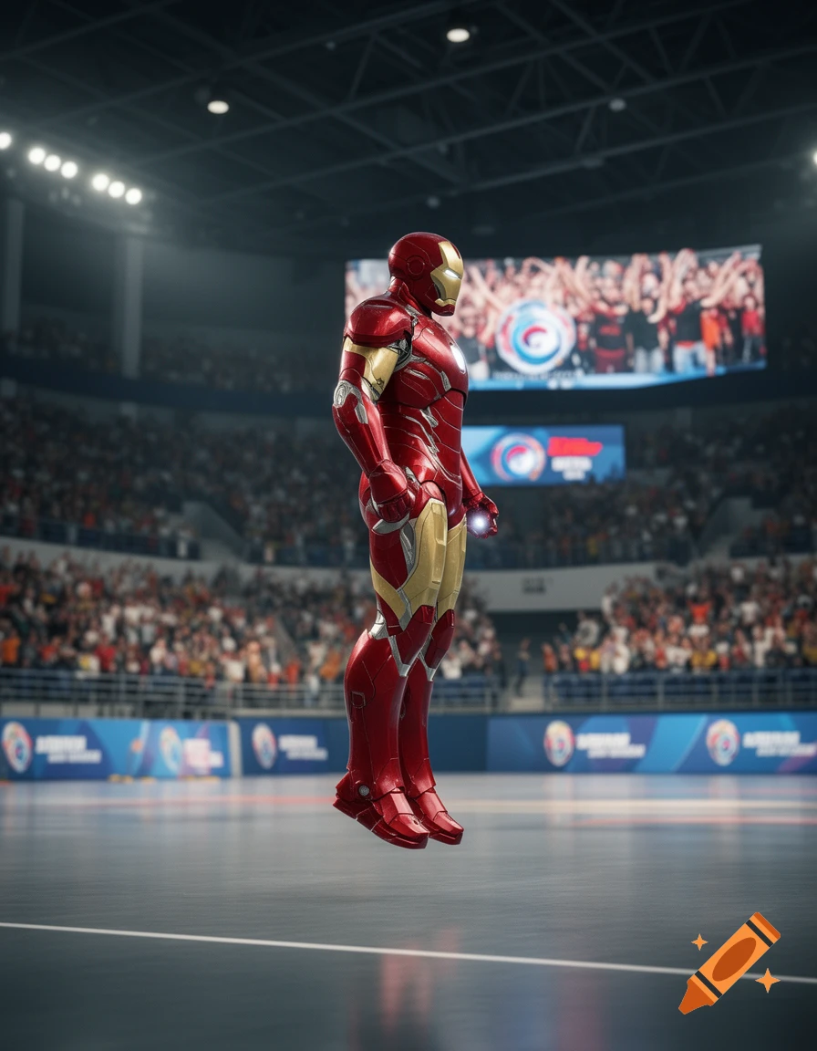 Iron Man hovers in a futuristic sports arena, illuminated by stadium lights, with a crowd and digital display in the background.