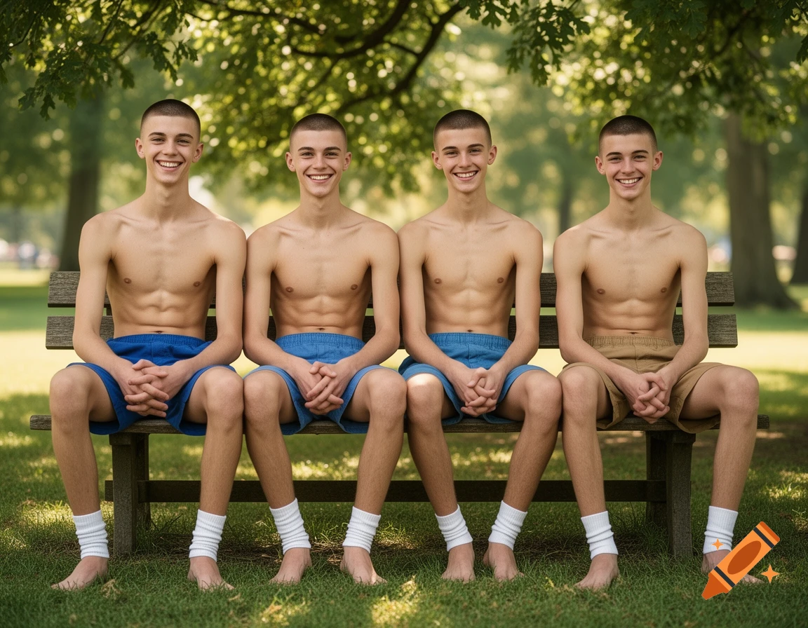 Four smiling young men with crew cuts, shirtless in shorts and white socks, sitting on a park bench in a photorealistic style.