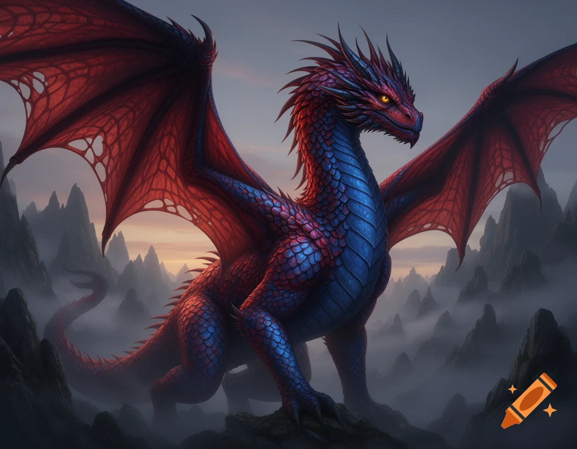 A majestic red and blue dragon with large wings stands atop a rocky peak amidst foggy mountains at dusk.