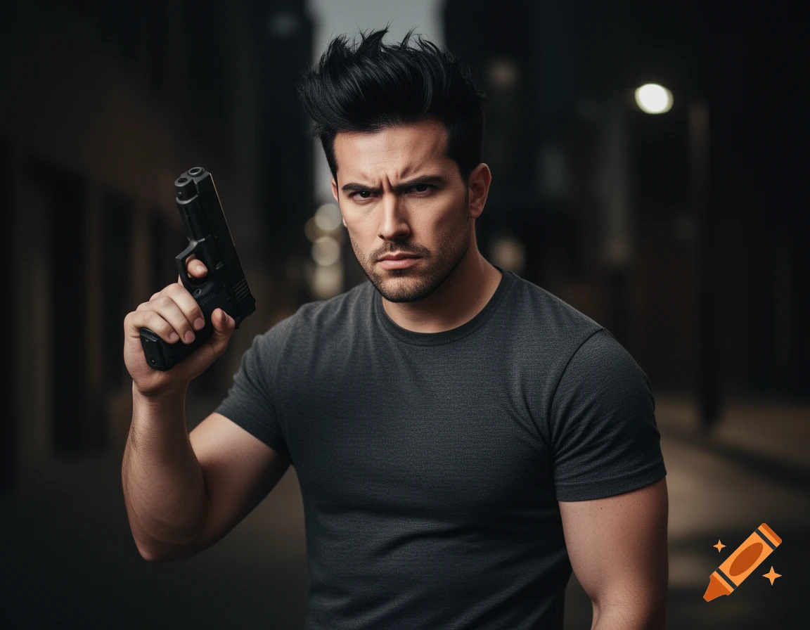 A man with dark hair and a serious expression holds a black pistol.