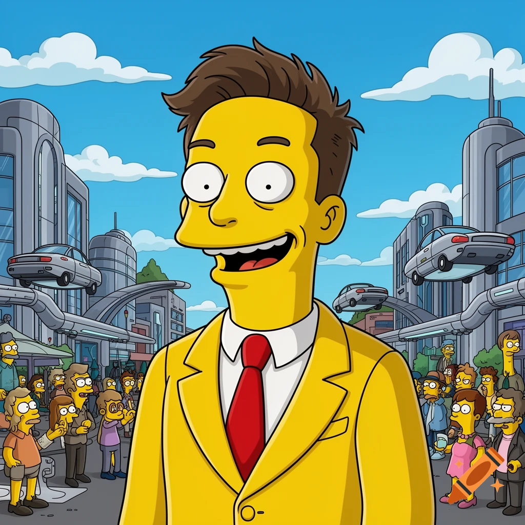 A cartoon man resembling Elon Musk with yellow skin, brown spiky hair, wearing a yellow suit and red tie, smiles in a futuristic city with flying cars.