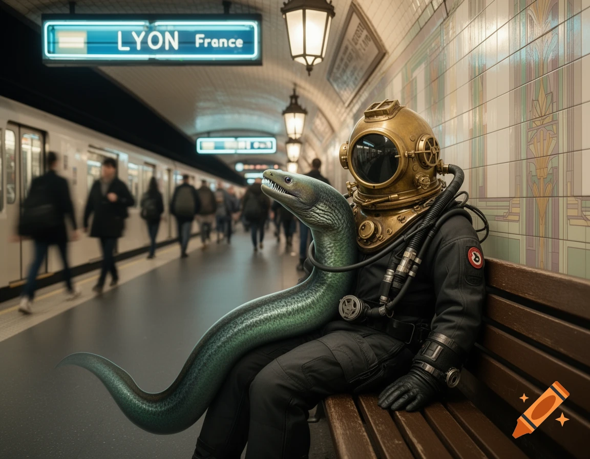 Photorealistic image of a diver in a bronze suit sitting with a green moray eel on a bench in the Lyon subway.