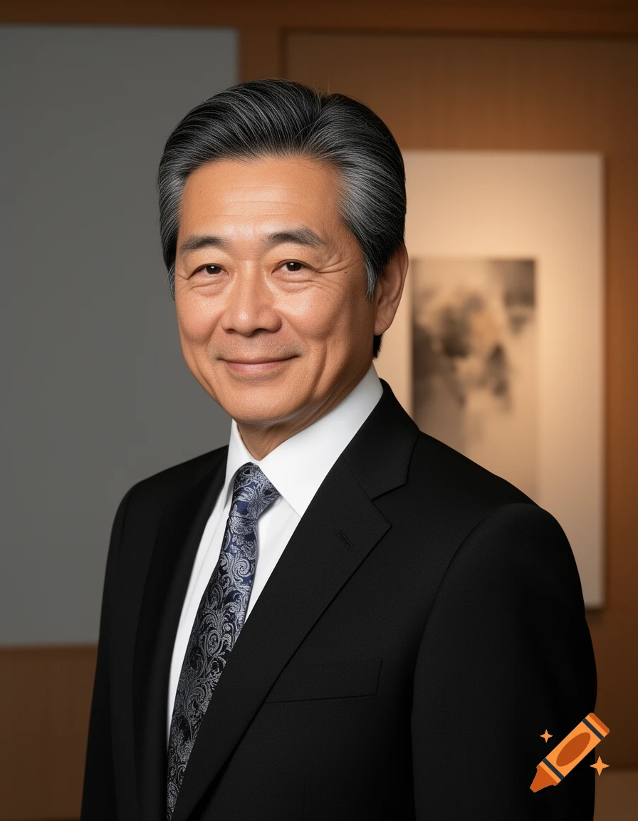 A smiling middle-aged Asian man with grey hair in a black suit and patterned tie poses for a professional portrait.