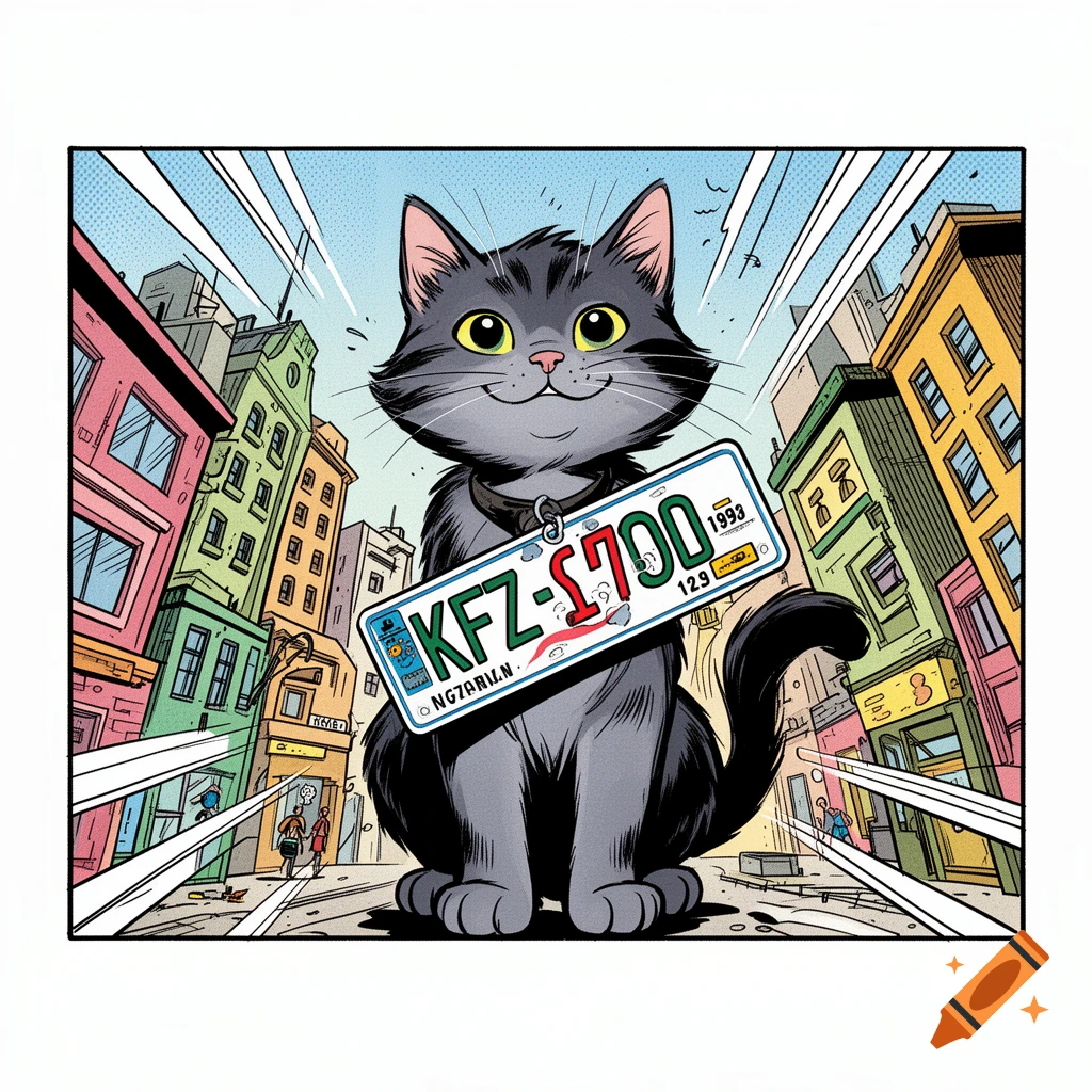 A grinning gray comic-style cat sits in a city street, wearing a collar with a license plate that says 'KFZ-S700'.