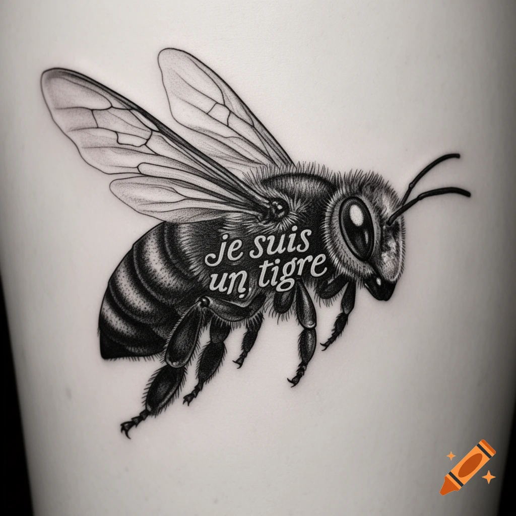 Detailed black and white tattoo-style drawing of a bee with 'je suis un tigre' written on its body.