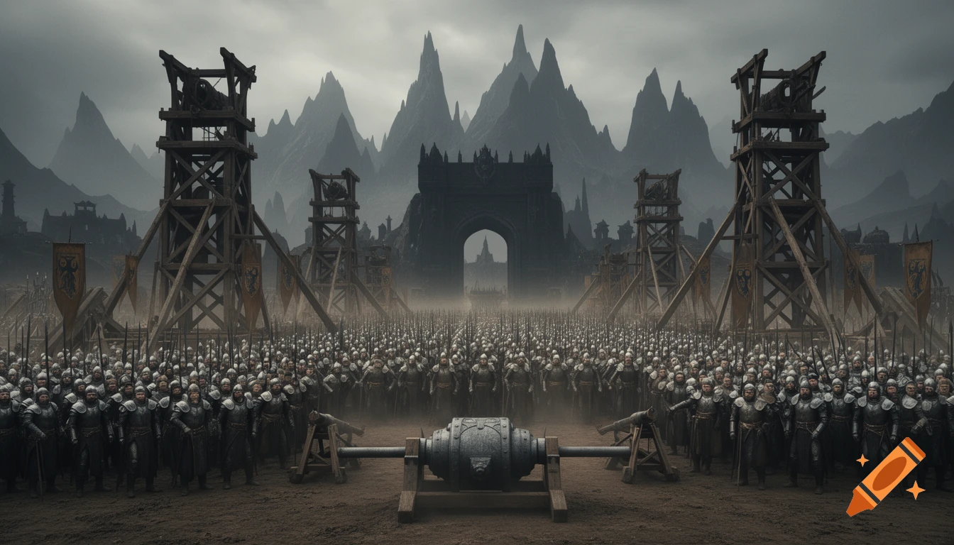 An epic scene of a vast army in dark armor with siege towers and a battering ram, facing a colossal dark gate amidst jagged mountains under a grey sky.