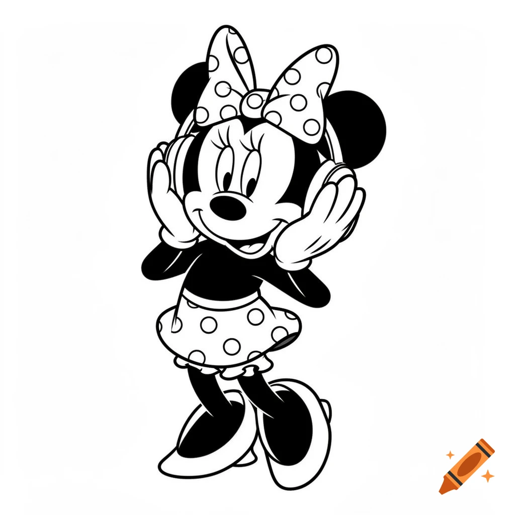 Black and white line art of Minnie Mouse wearing headphones, with her hands to her ears, on a white background.