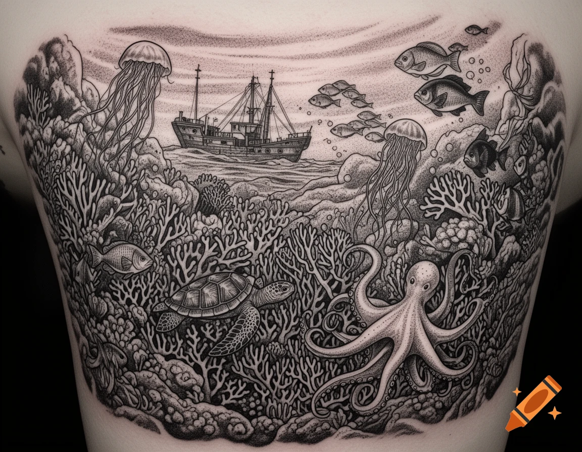 A black and white tattoo depicting a detailed underwater coral reef scene with a shipwreck, jellyfish, a turtle, an octopus, and various fish.