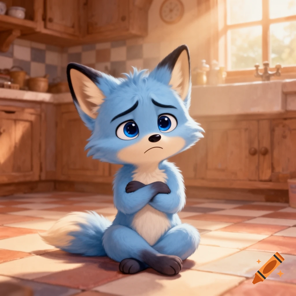 A sad, cute, blue cartoon fox cub with folded arms sits on a checkered kitchen floor, looking down with big blue eyes.