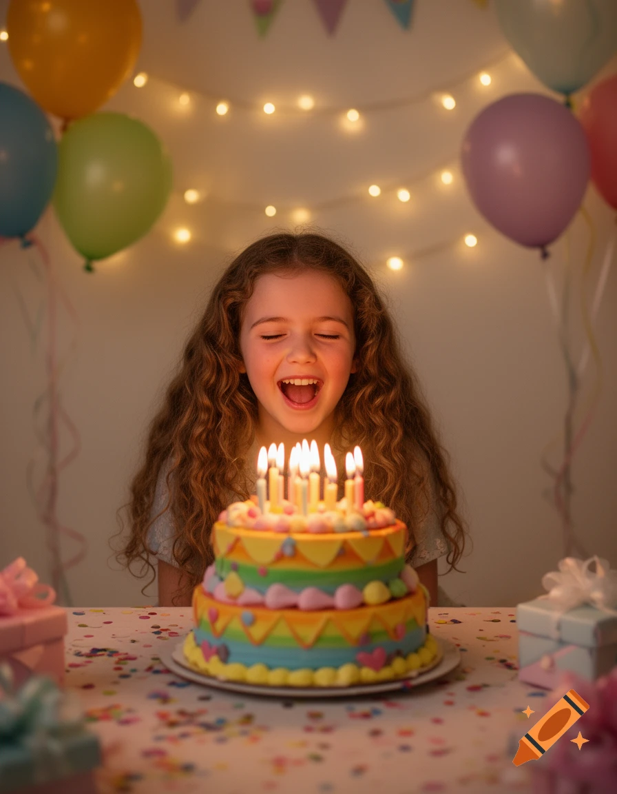 A young girl with long curly hair, eyes closed and mouth open in joy, blowing out candles on a colorful birthday cake amidst balloons and string lights.