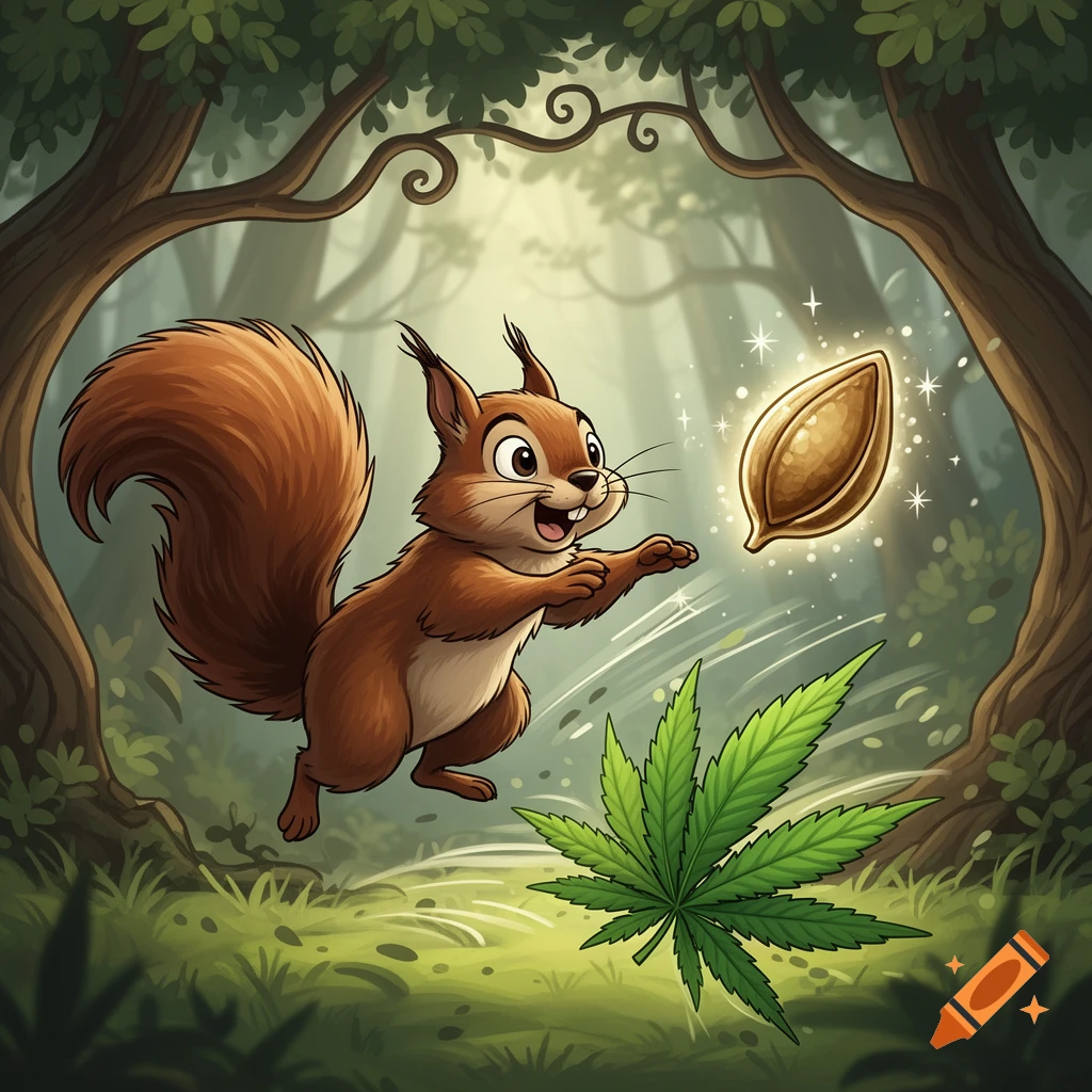 A happy cartoon squirrel reaches for a glowing seed in a forest, with a cannabis leaf in the foreground.