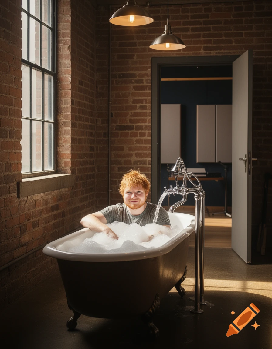 Ed Sheeran smiles while sitting in a bubble bath in a dimly lit brick room with industrial lighting.