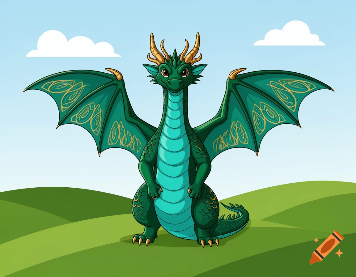 A cartoonish green dragon with gold horns and intricate wing patterns sits in a lush green field under a blue sky.