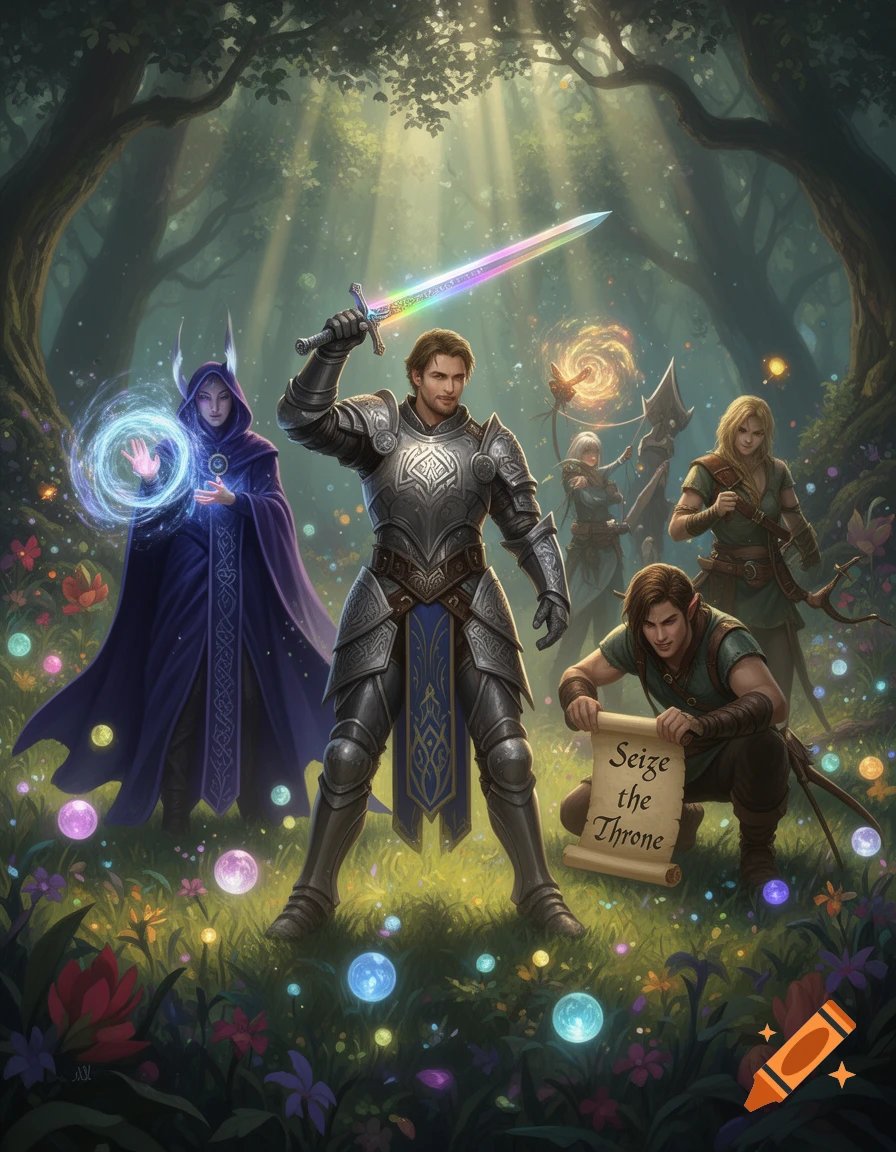 Fantasy adventurers stand in a magical forest, with a knight holding a rainbow sword and a rogue holding a scroll that reads 'Seize the Throne'.