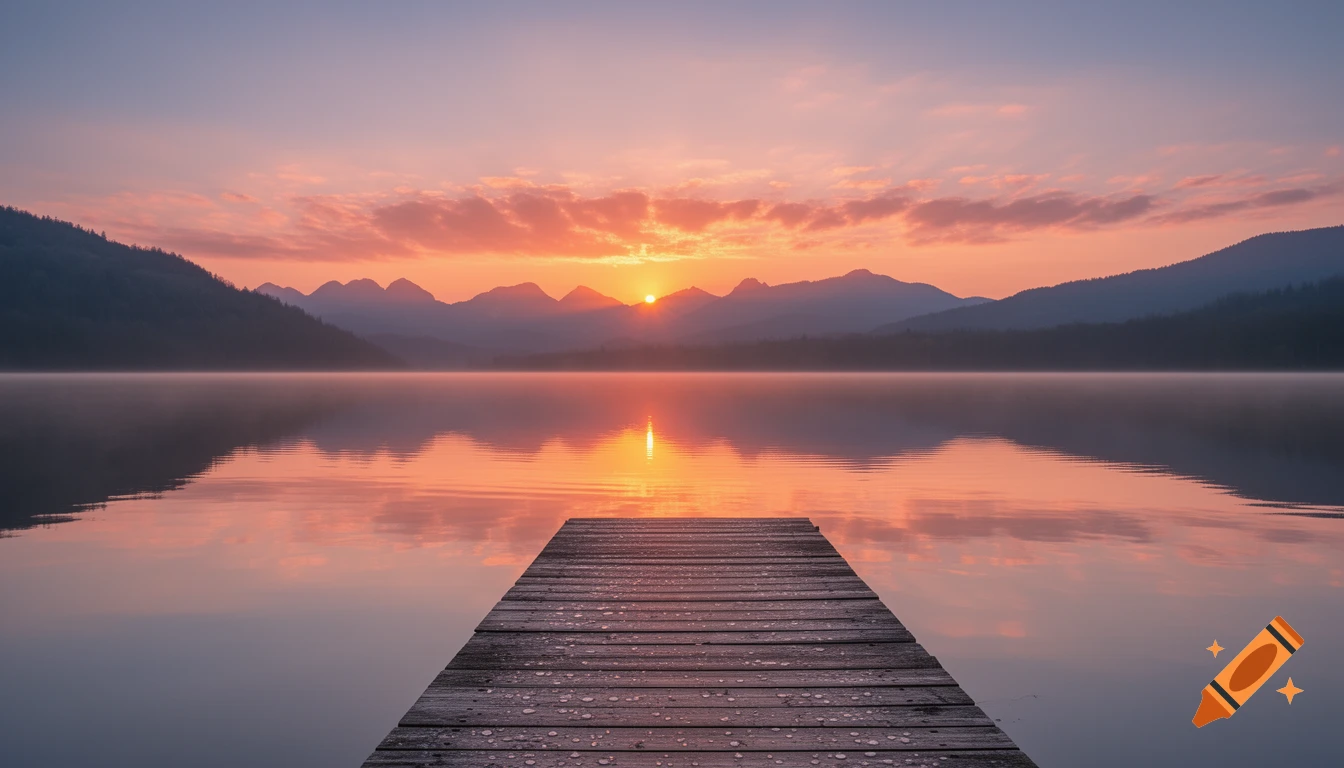 A serene sunrise over a tranquil lake, with mountains silhouetted in the distance and a wooden pier extending into the water.