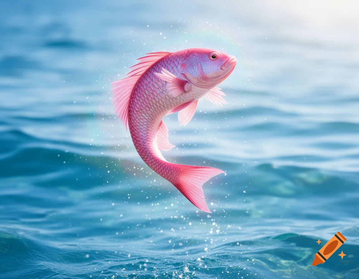 A vibrant pink fish with iridescent scales leaps gracefully out of sparkling blue ocean water, creating splashes and a subtle rainbow sheen.