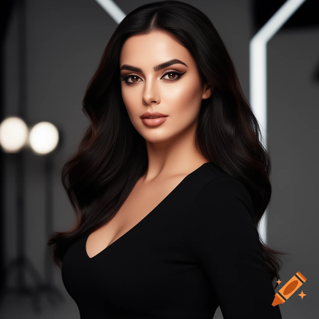 A beautiful woman with long dark wavy hair and dramatic makeup looks directly at the camera in a stylish black V-neck top.