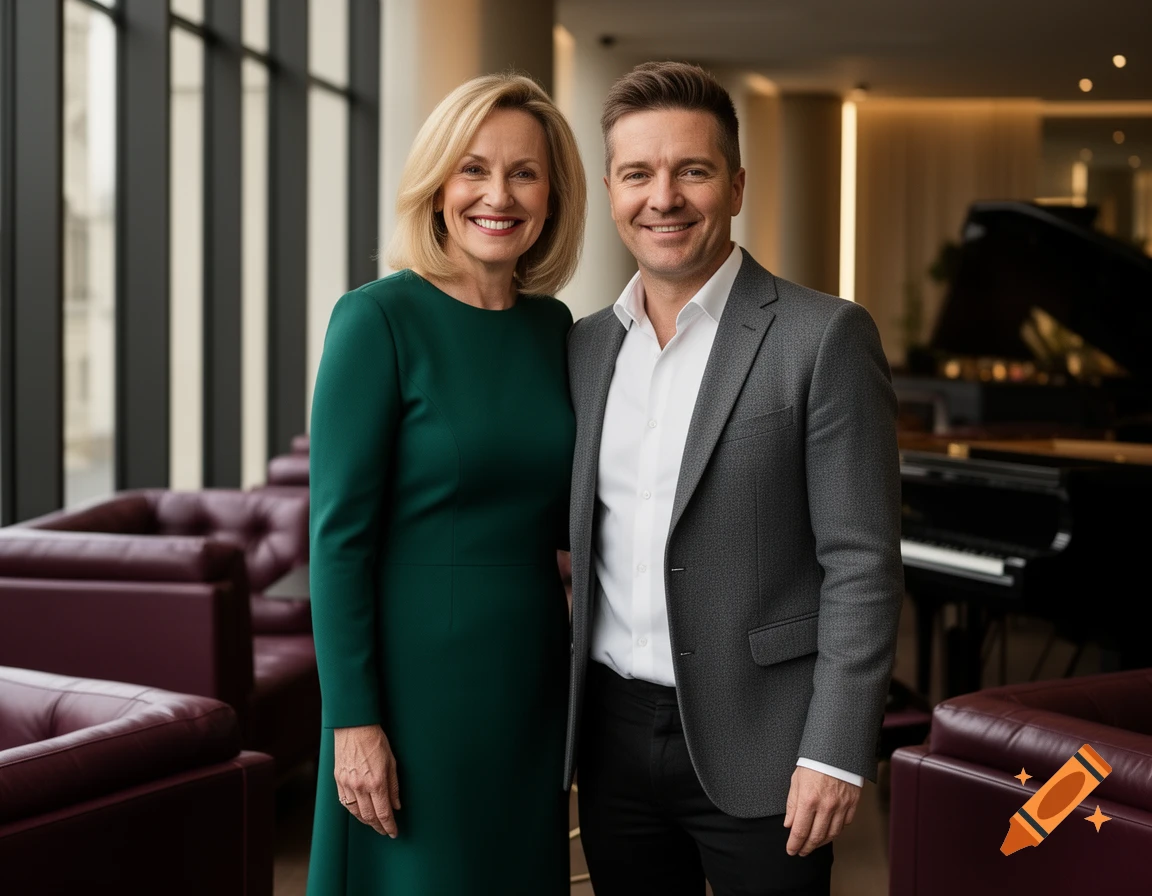 A smiling woman in a dark green dress stands next to a smiling man in a gray suit and white shirt, in a modern interior with large windows and a grand piano.