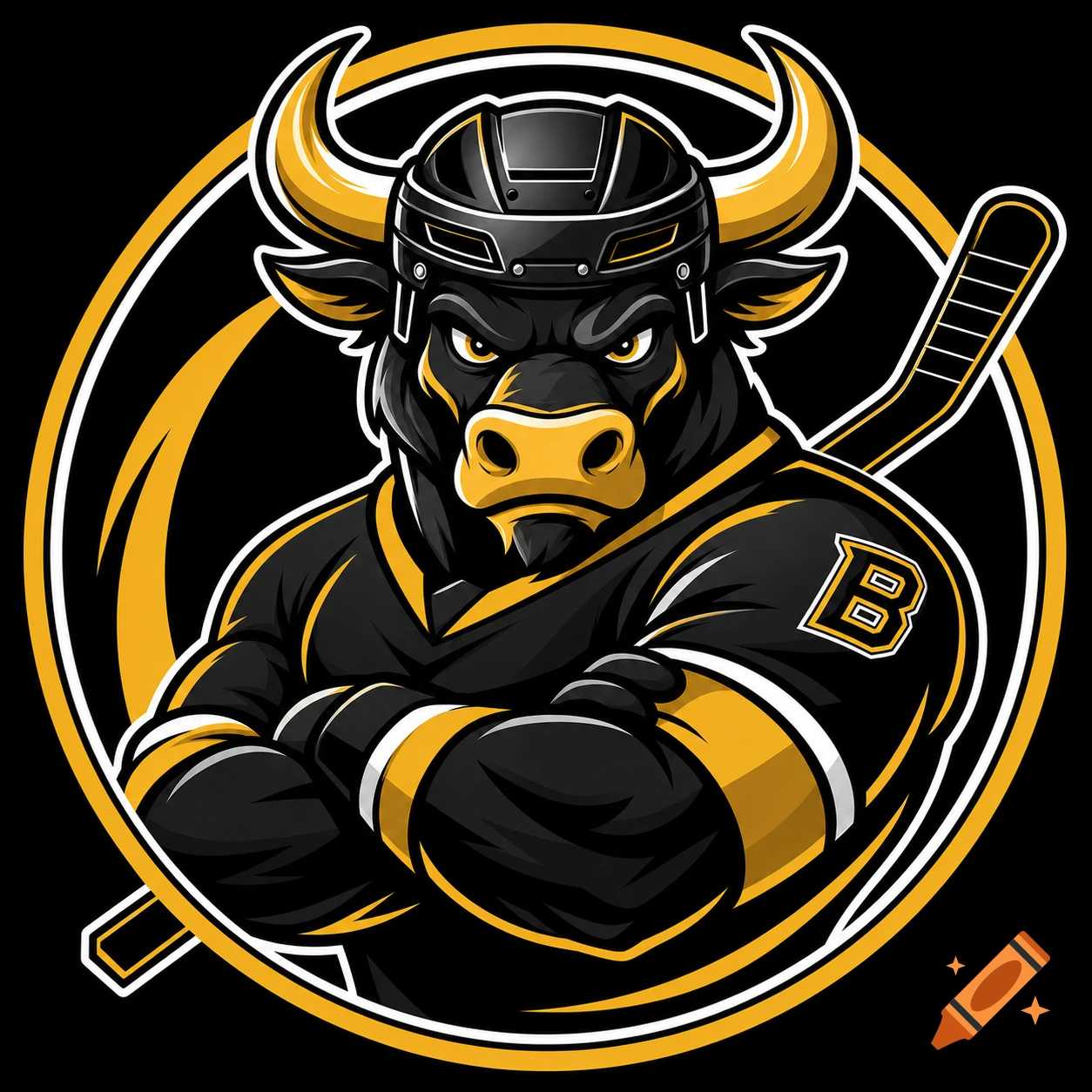 A fierce cartoon bull mascot in a black and gold hockey jersey and helmet, arms crossed, with a hockey stick, in a logo.