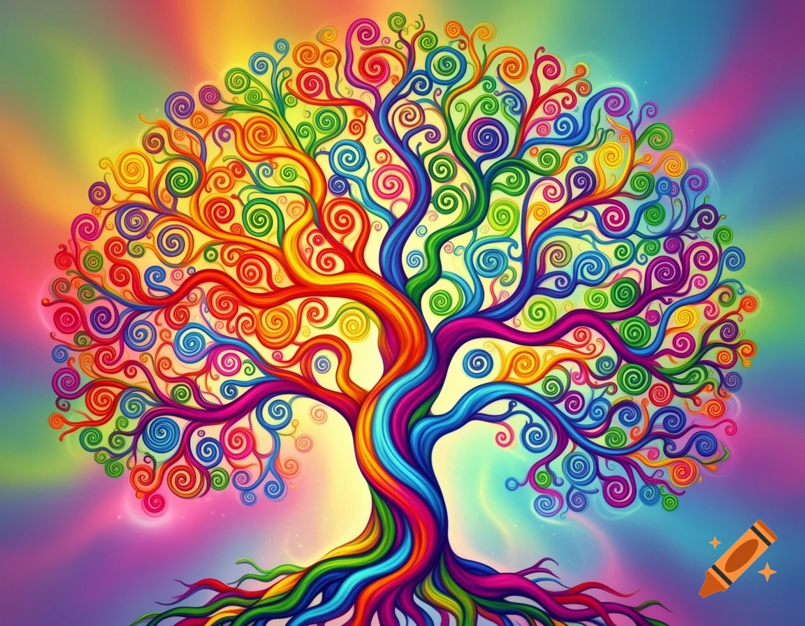 A vibrant, swirling tree of life with rainbow-colored branches and roots against a colorful gradient background.